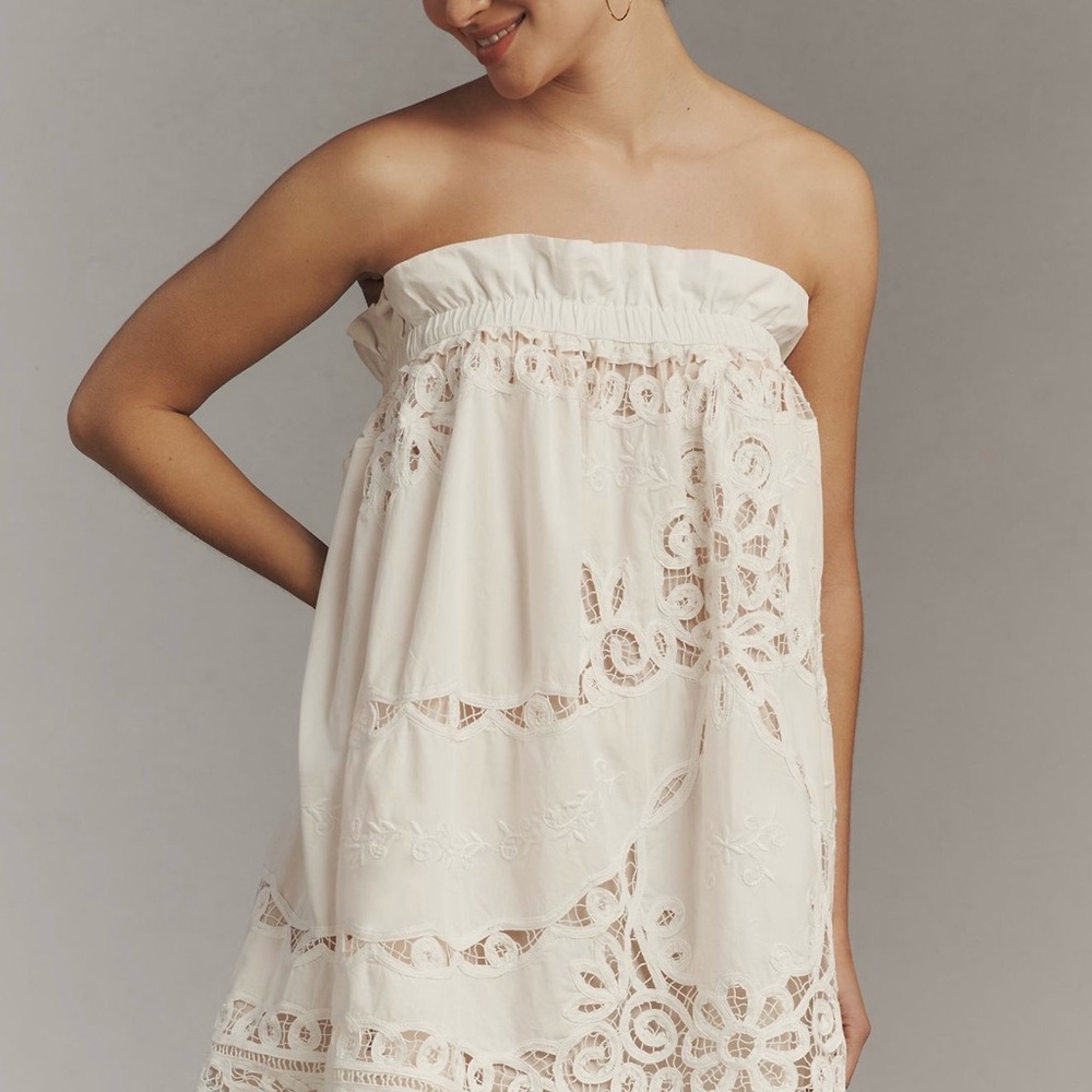 Maeve Strapless White Lace Mini Dress